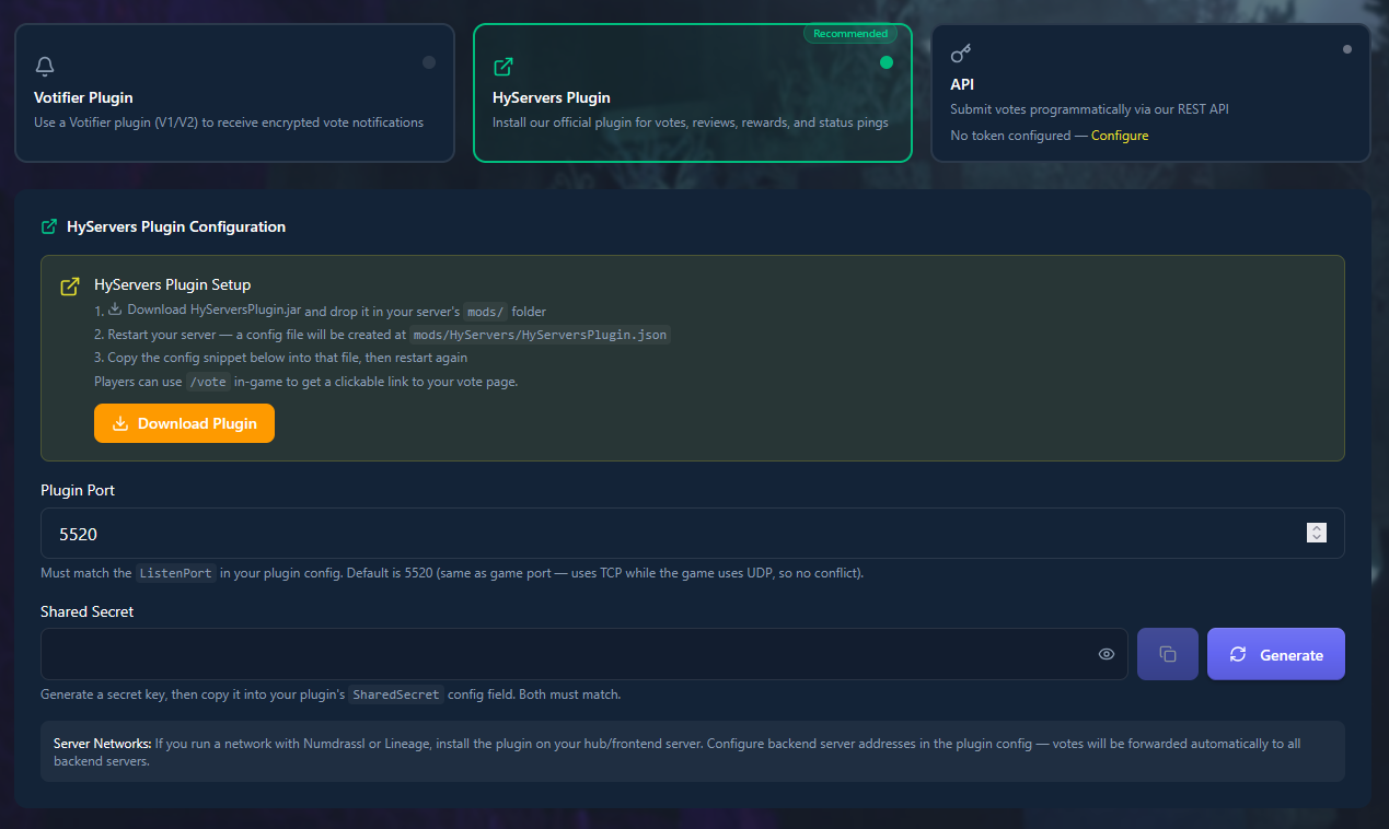 HyServers Plugin configuration interface